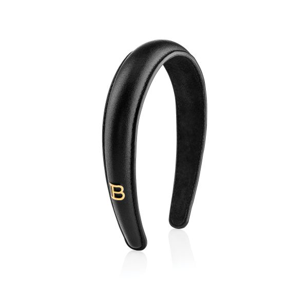 Черна Диадема Black Leather Puffed Headband With Gold Plated Logo Fw22